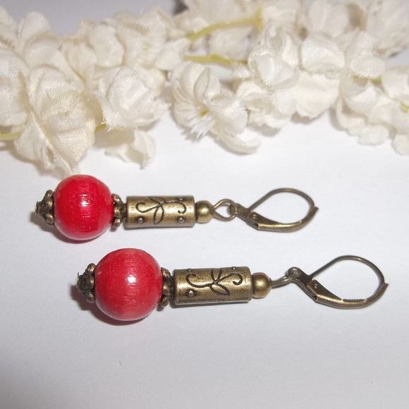Boho Earrings Red & Bronze Bohemian Style Handmade Jewelry Accessory NWT 6467 - Picture 5 of 10
